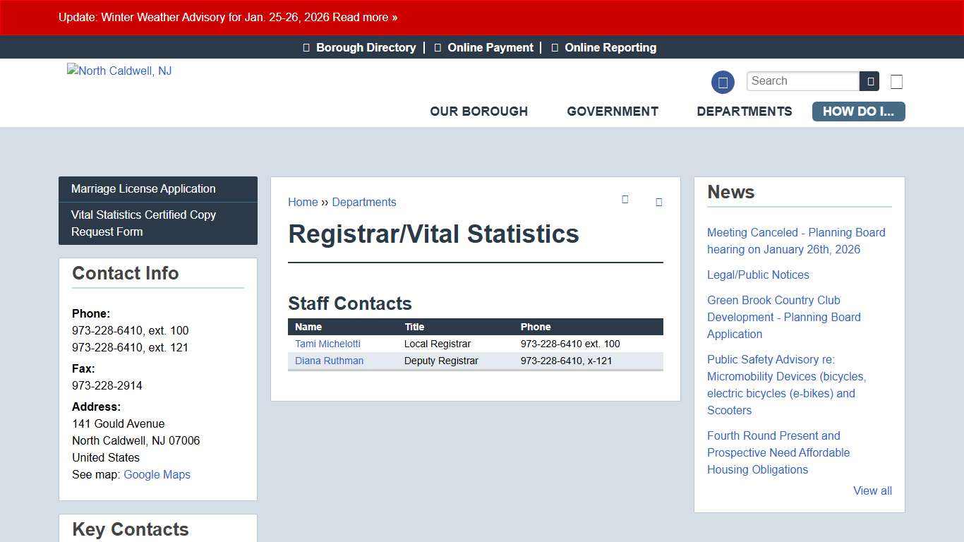 Registrar/Vital Statistics North Caldwell, NJ
